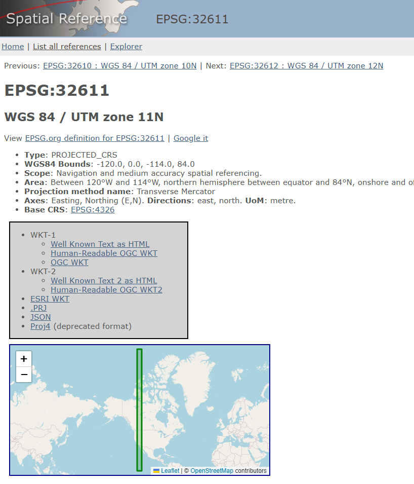 EPSG 32611 reference system page on spatialreference.org