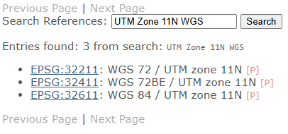 Successful search result for UTM Zone 11N WGS